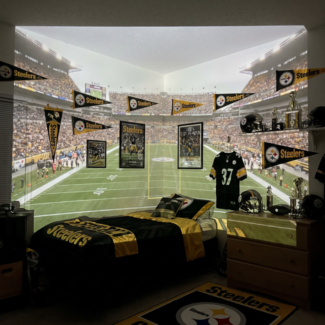 A dark room filled with stadium lighting