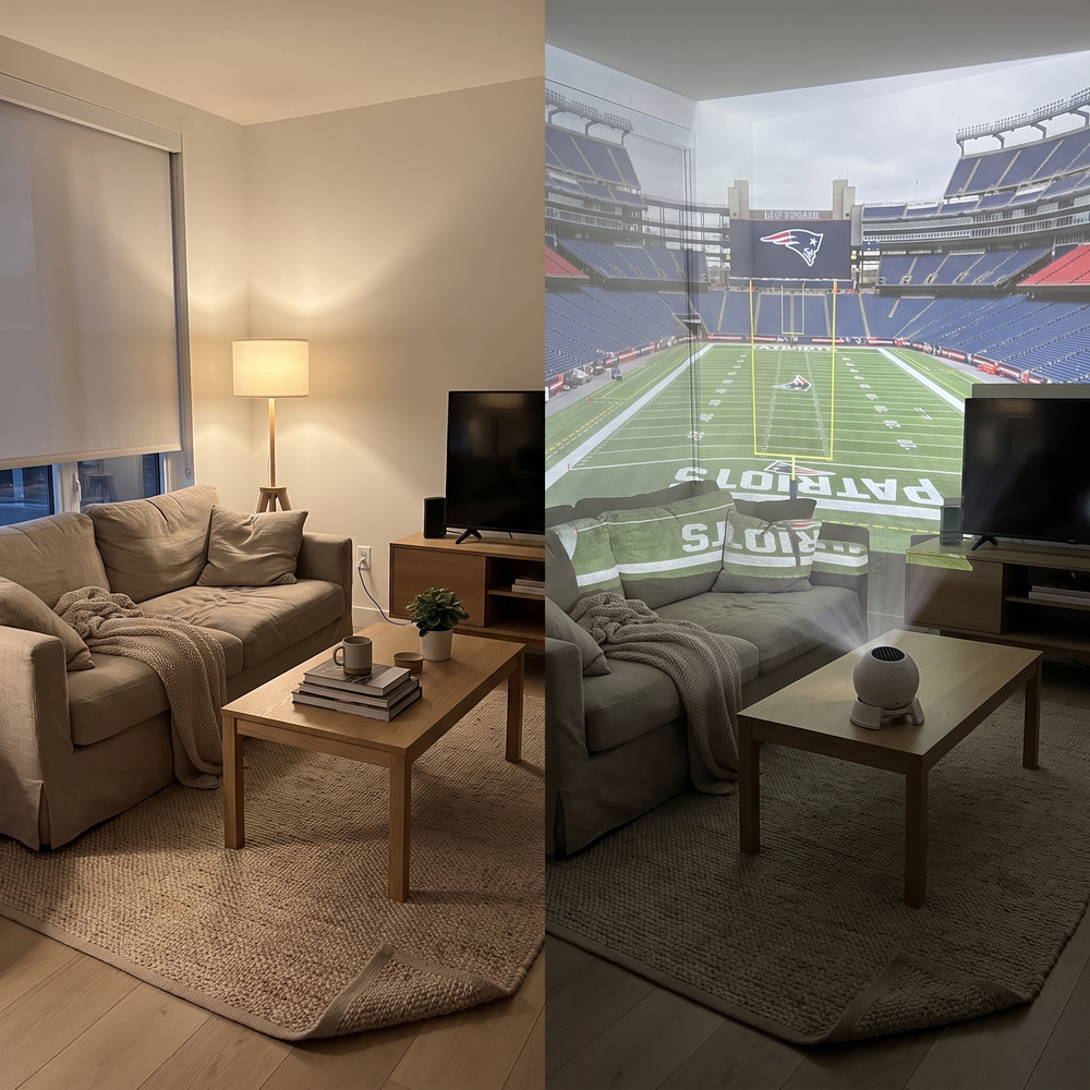 A room before and after stadium projection lighting