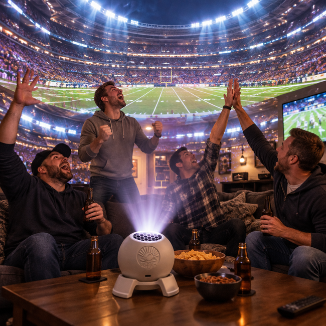A basement set up for a stadium-style watch party